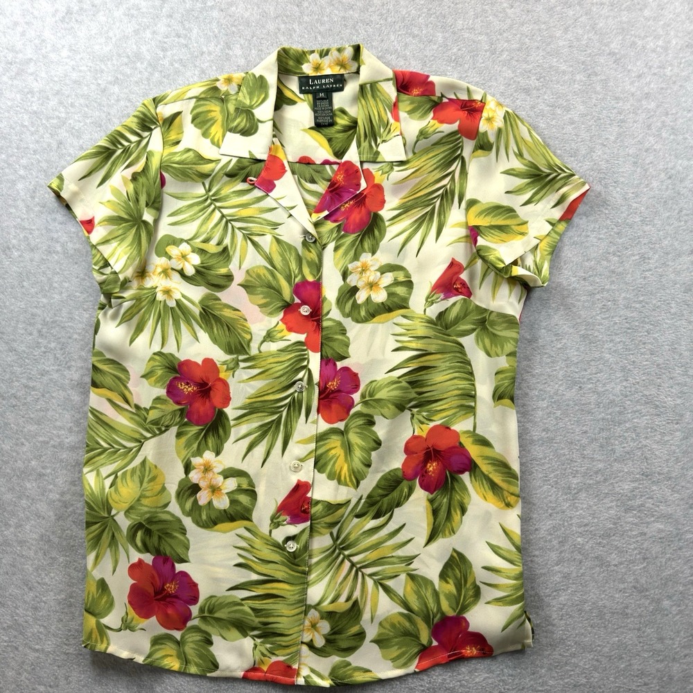 Lauren Ralph Lauren 100% Silk Blouse-Tropical Floral Short Sleeve Medium